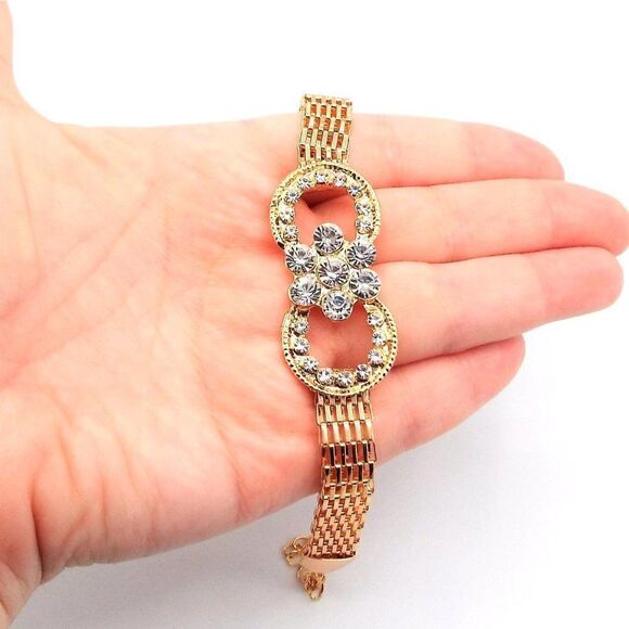 Yellow Gold with Diamond Crystal Flower and Double Circle Adjustable Bracelet - Picture 10 of 11